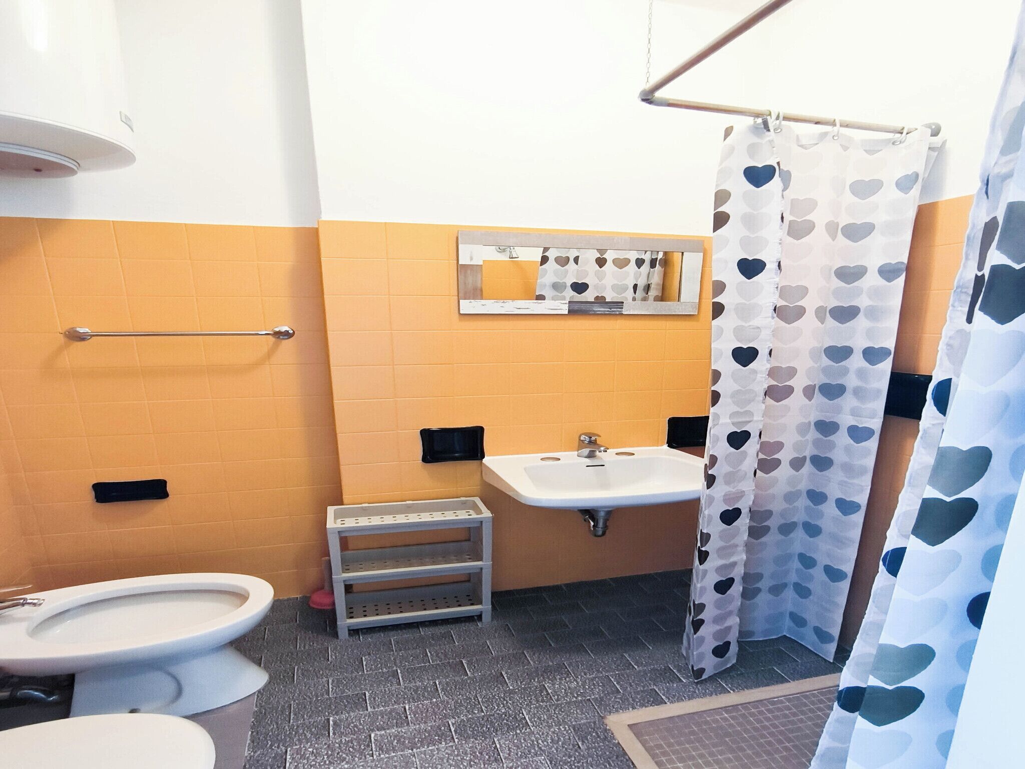 Une salle de bain équipée de toilettes, d’un bidet, d’un lavabo et d’un rideau de douche orné de motifs en forme de cœur.