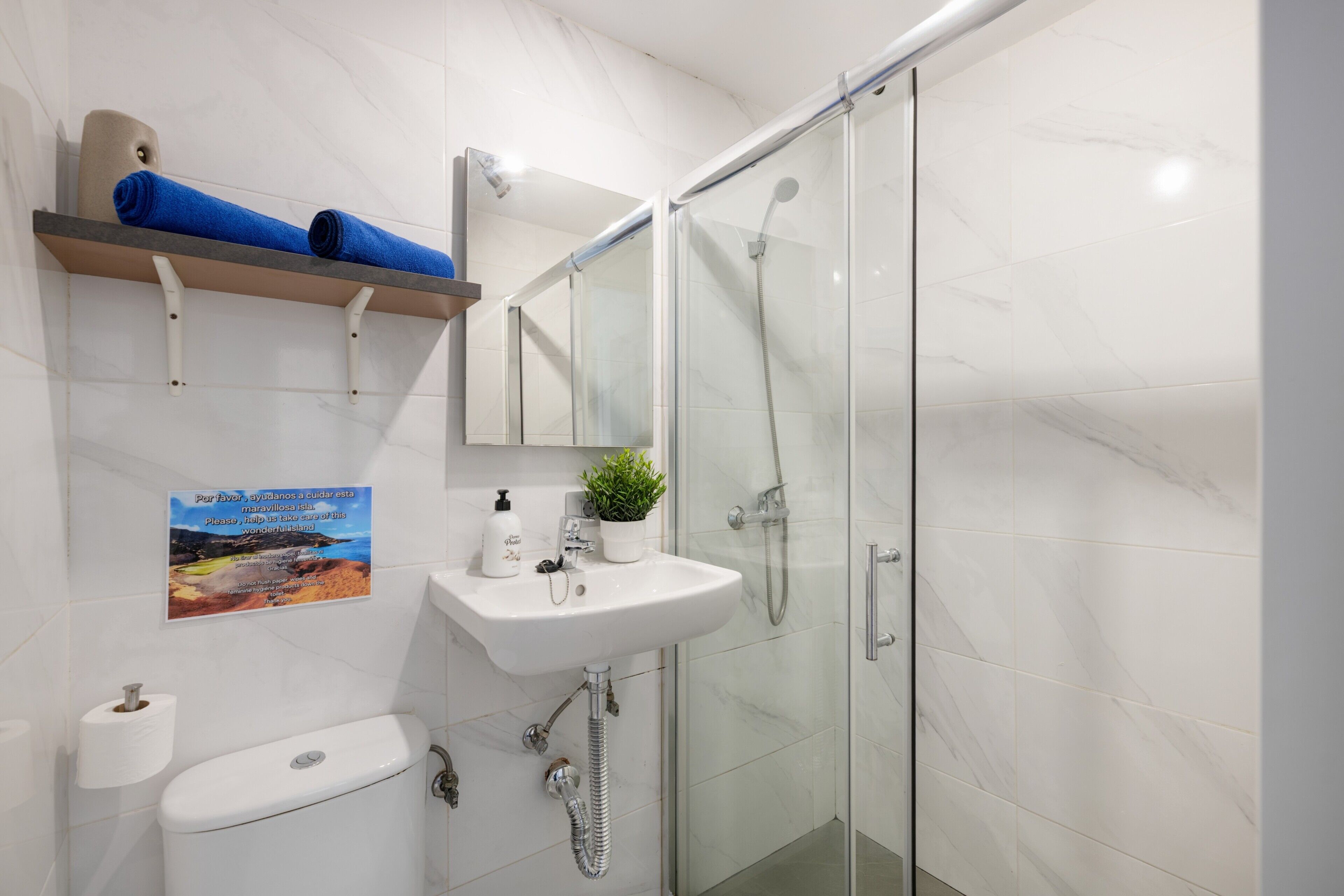 A modern bathroom with a glass shower enclosure, a white sink, and a toilet.