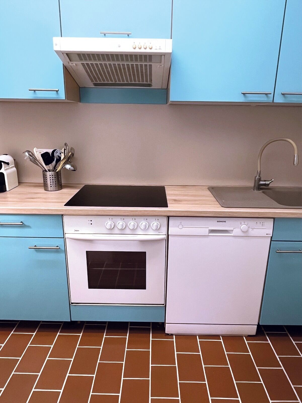 Een magnetron, een oven, een kookplaat, een vaatwasser