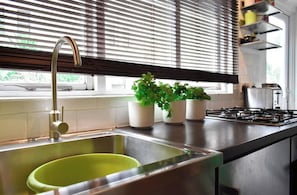 Une cuisine équipée d’un évier en acier inoxydable, d’une cuisinière à gaz et de plantes en pot disposées sur le plan de travail.
