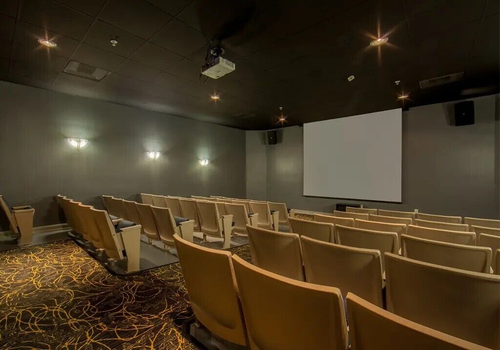 Ett konferensrum med rader av stolar, en projektorduk och en matta med ett diskret mönster.