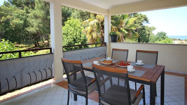 A balcony with a table and chairs, a view of trees and the sea, and a potted plant. - Light-filled apartment just 400 metres from the beach with sea views, WiFi, air conditioning (Porec)