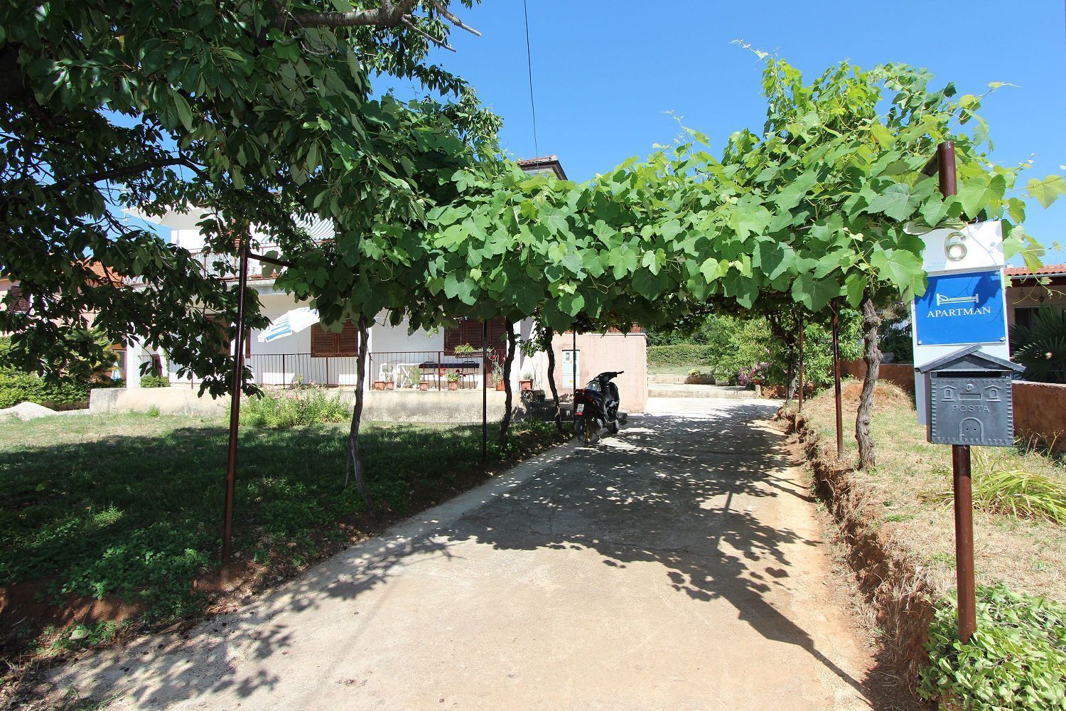 A residential street with a row of trees and a parked scooter. There is a mailbox on the right side of the image.