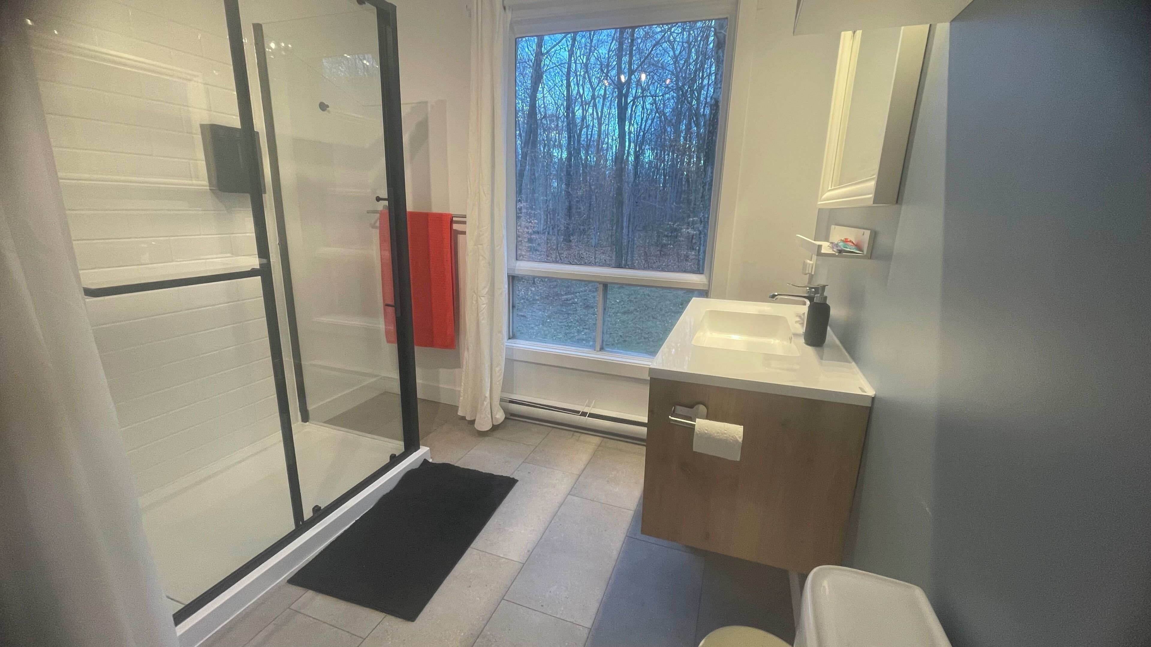 Shower, eco-friendly toiletries, hair dryer, towels