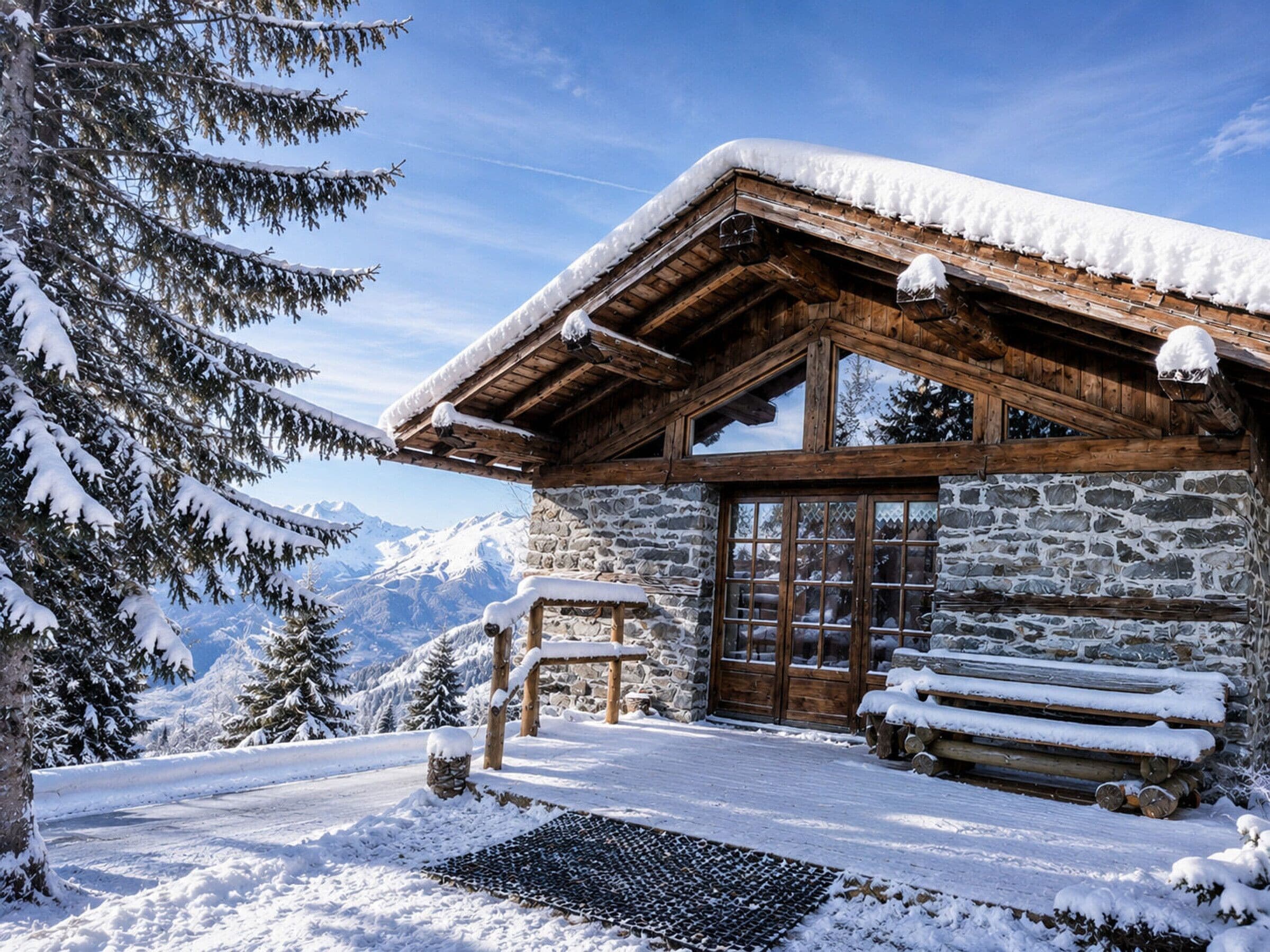 A wooden cabin with a stone facade, large windows, and a snow-covered roof.