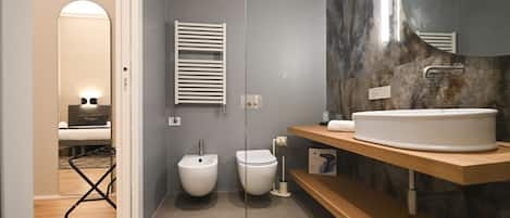 Shower, hair dryer, bidet, towels