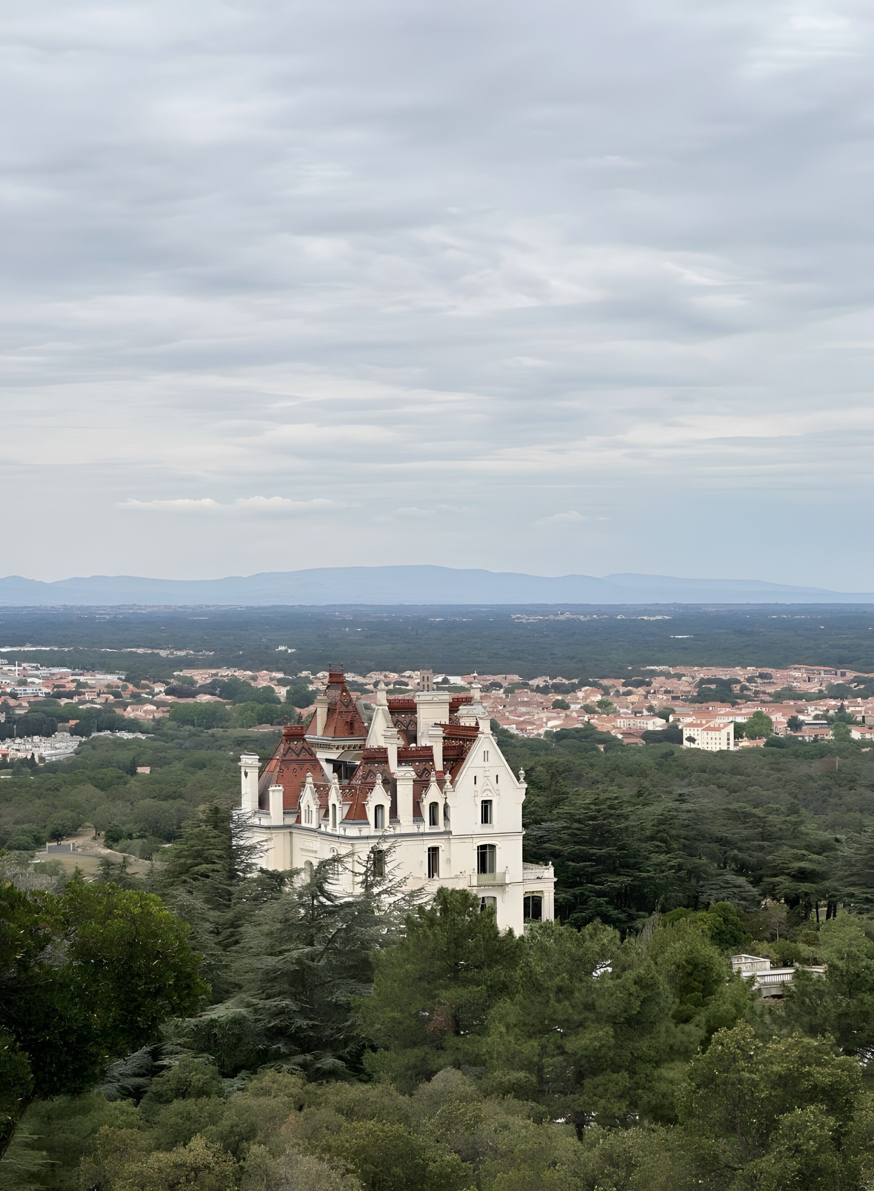 A castle-like building with multiple towers and a large surrounding forest.