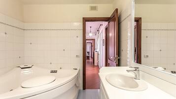 Shower, jetted tub, hair dryer, bidet