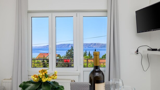 Een kamer met een groot raam met uitzicht op zee en bergen, een fles wijn en een televisie aan de muur.