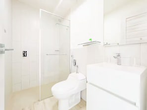 Regadera, secadora de cabello, toallas, jabón 