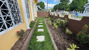 Un sendero bordeado por un jardín con diversas plantas y una cerca decorativa.