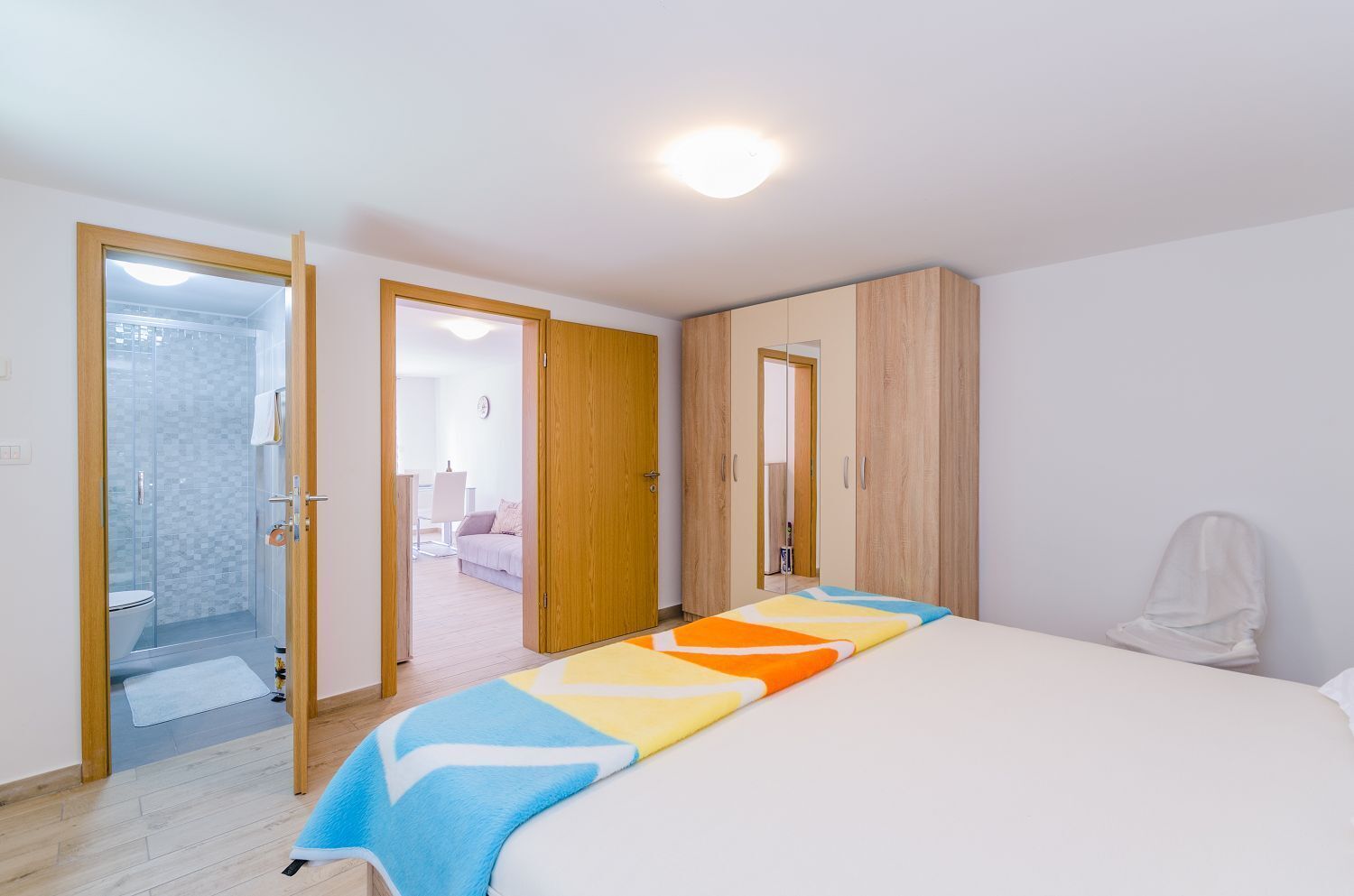 A bedroom with a bed, a wardrobe, a mirror, and a bathroom with a shower.