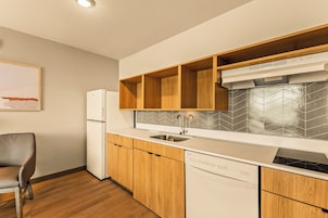 Full-sized fridge, microwave, stovetop, dishwasher