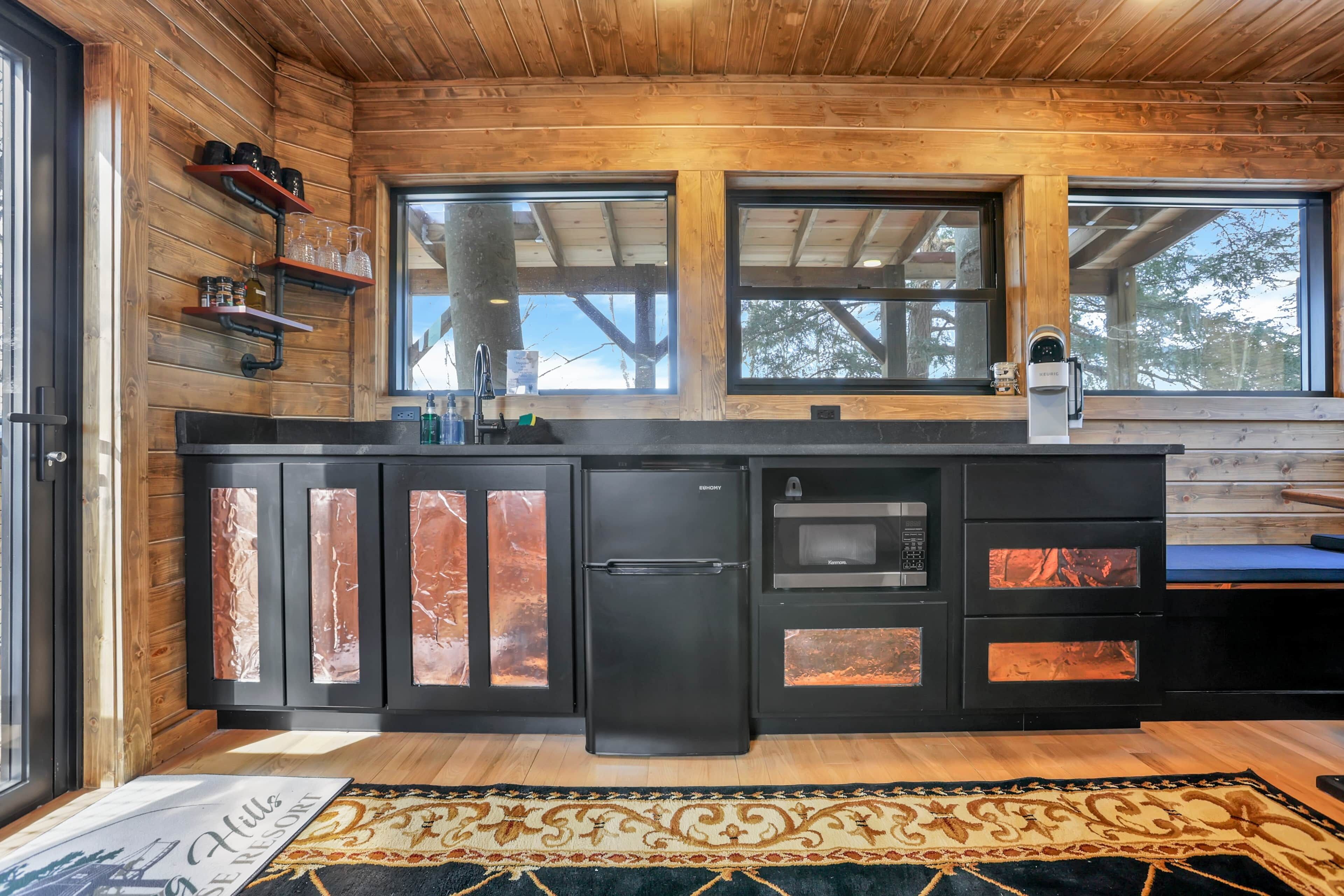 Fridge, microwave, coffee/tea maker, toaster