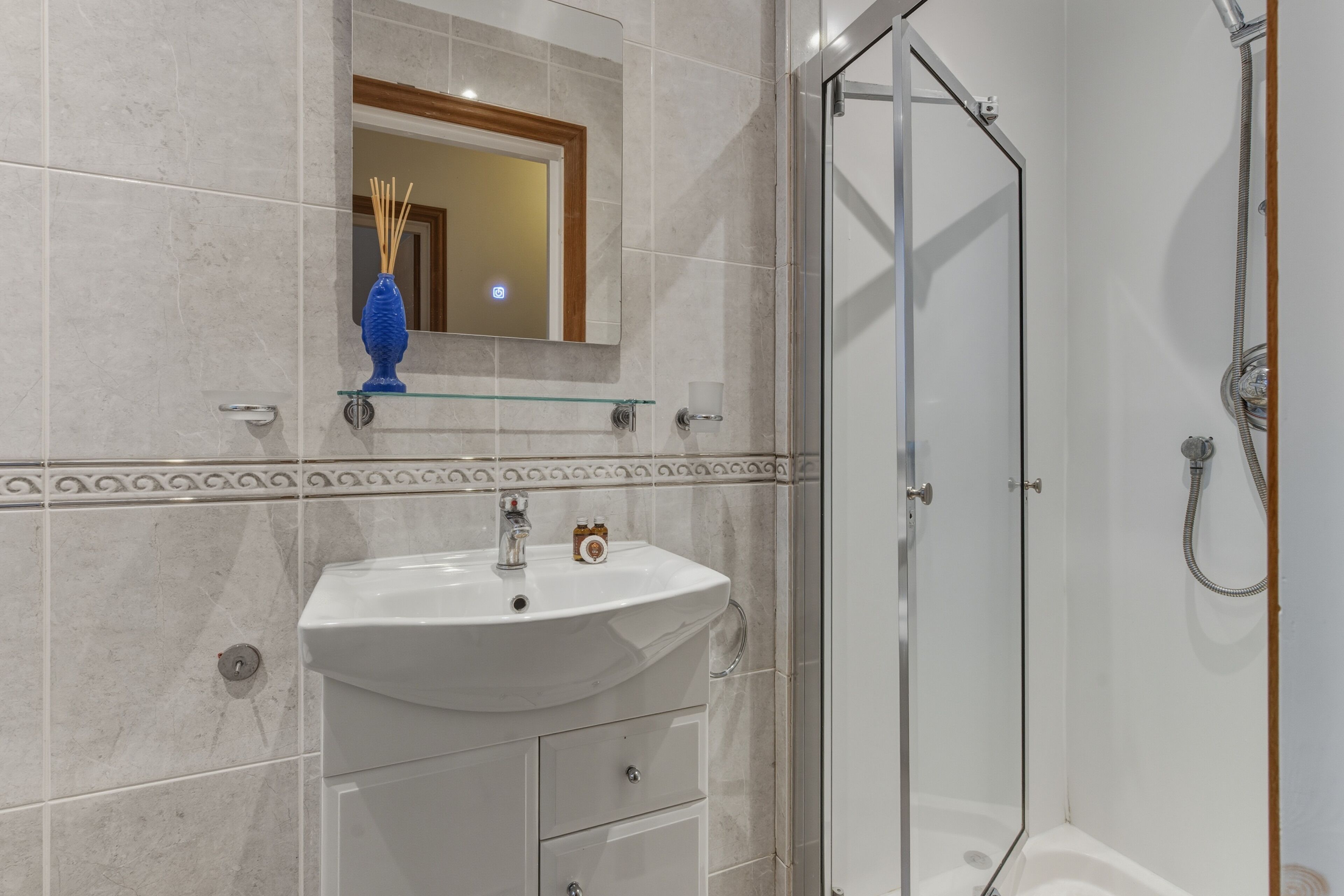 Hair dryer, towels, soap, toilet paper