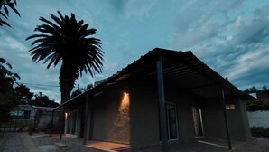 A modern house with a covered porch, a stone wall, and a palm tree in the background.
