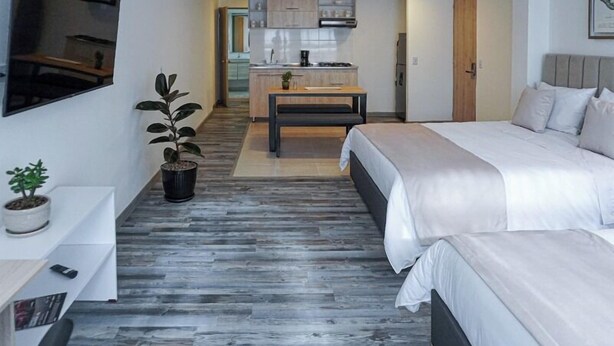 A modern hotel room with a large bed, a small desk, a potted plant, and a view of the kitchen and living area. - Hotel 86 Suites (Bogotá)