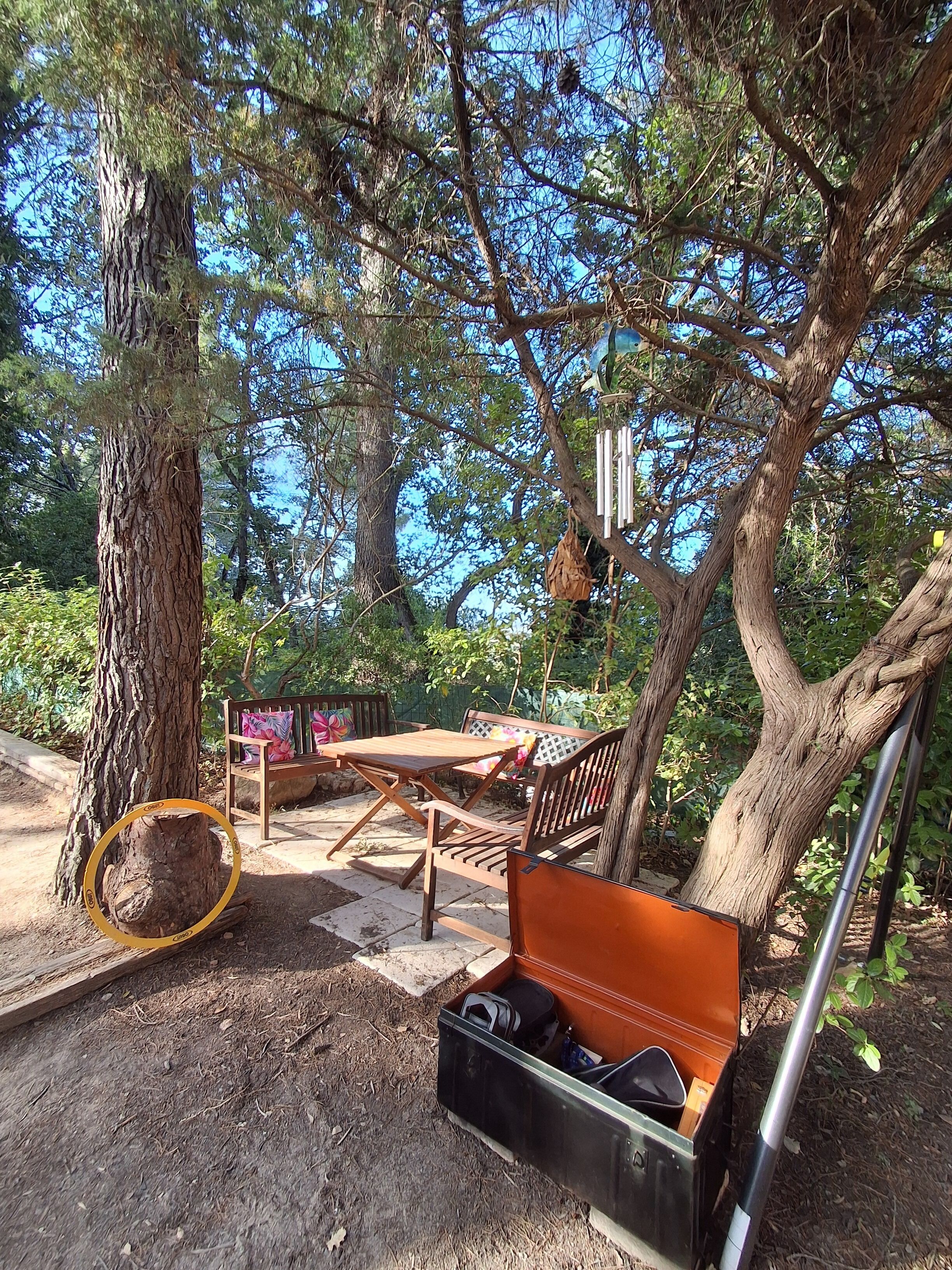 Zona d'estar a l'aire lliure amb una banca i taula, envoltada d'arbres.