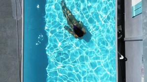 A rectangular swimming pool with clear blue water, a ladder, and a chair. - Beachy Oasis/Solar Power/Pool/Vibe 4 all ages/Big Groups 4 Family Gatherings (Manatí)