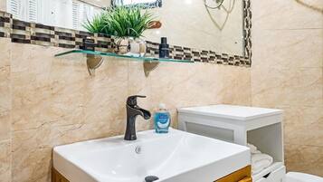 Ducha, secador de pelo, toallas y jabón