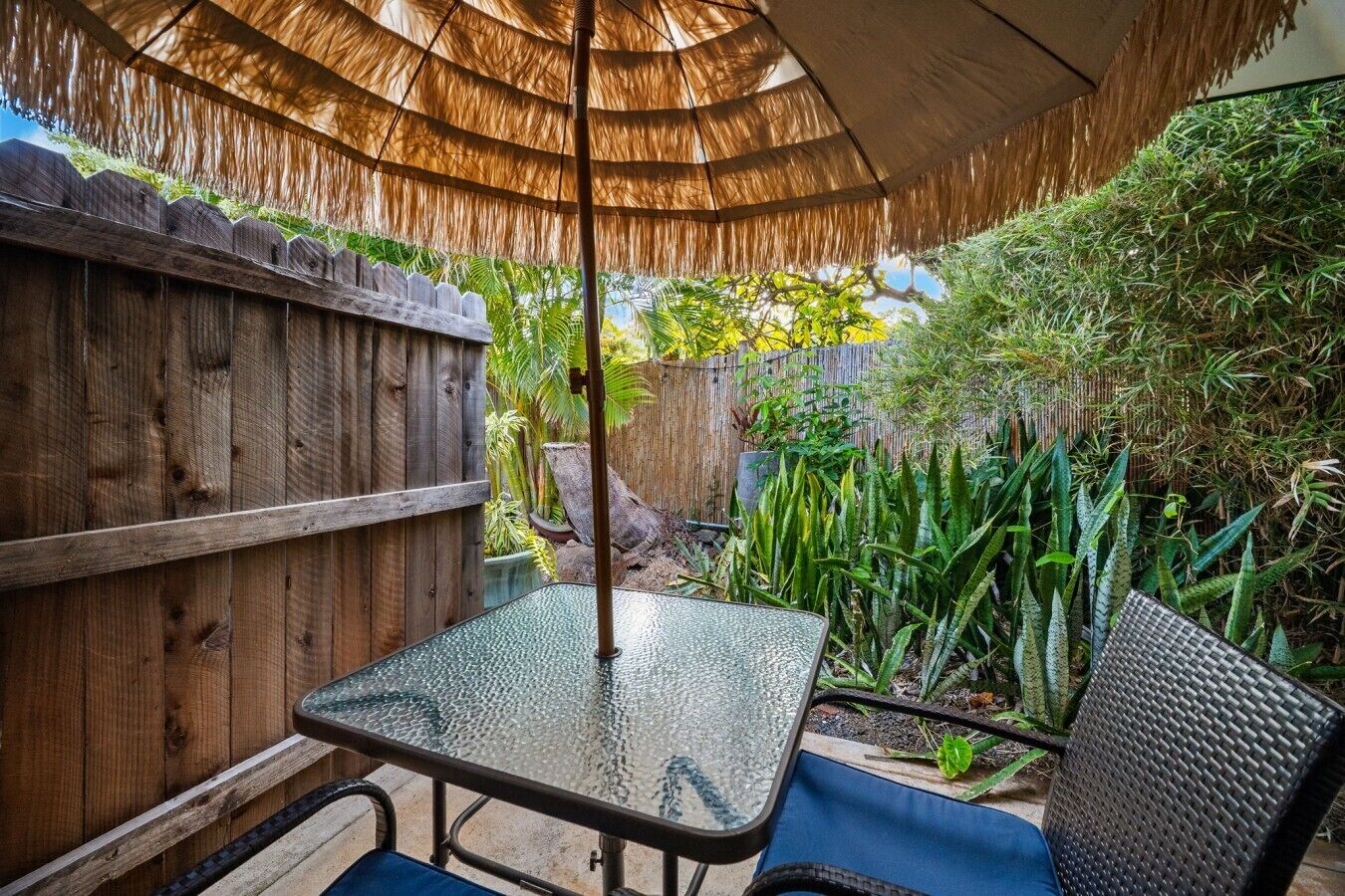 A glass table under a thatched umbrella, a wooden fence, and various plants.