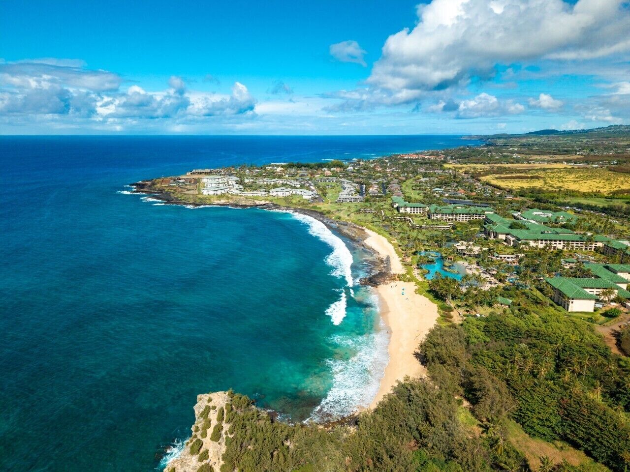 Vista aérea de un resort costero con propiedades frente a la playa, una piscina y abundante vegetación.