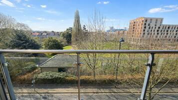 Vista da un balcone con ringhiera in metallo, su un parco con alberi e un edificio sullo sfondo.