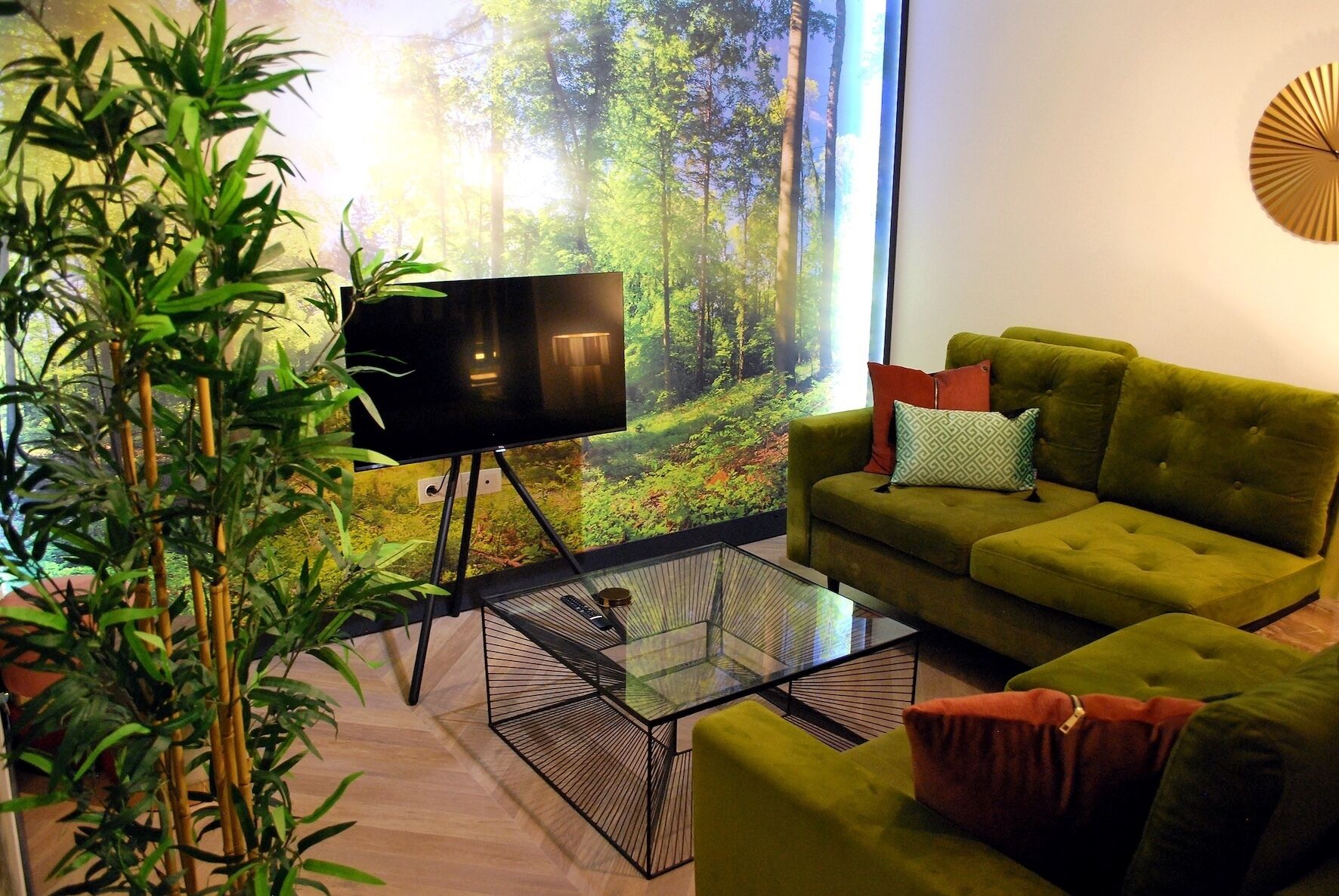 Una Smart TV, libros, un reproductor estéreo