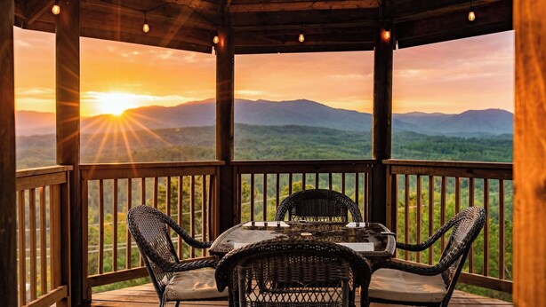 A covered outdoor seating area with a table and chairs, overlooking a mountainous landscape at sunset. - Mountain Views, Family Getaway, Pet Friendly, Game Room, Sleeps 9 (Sevierville)