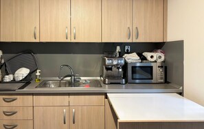 Fridge, oven, stovetop, coffee/tea maker