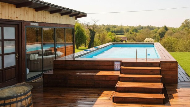 Una terraza de madera con piscina, sauna y vistas al follaje circundante.