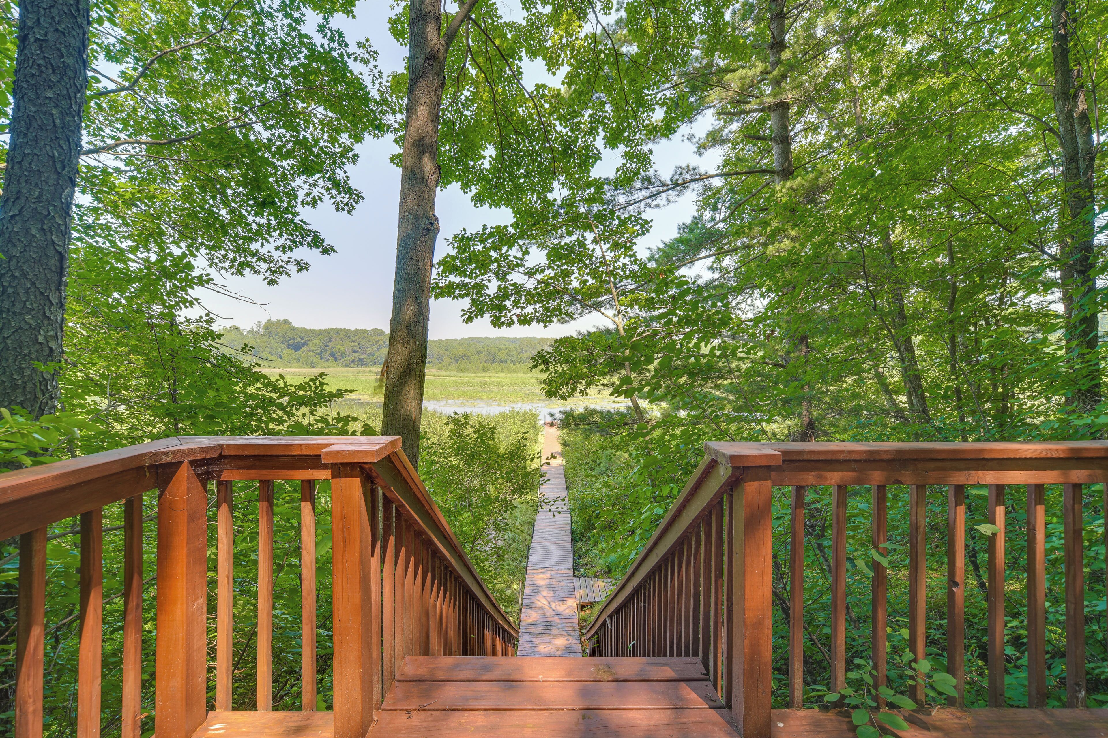 A wooden staircase leading to a viewpoint surrounded by lush greenery.