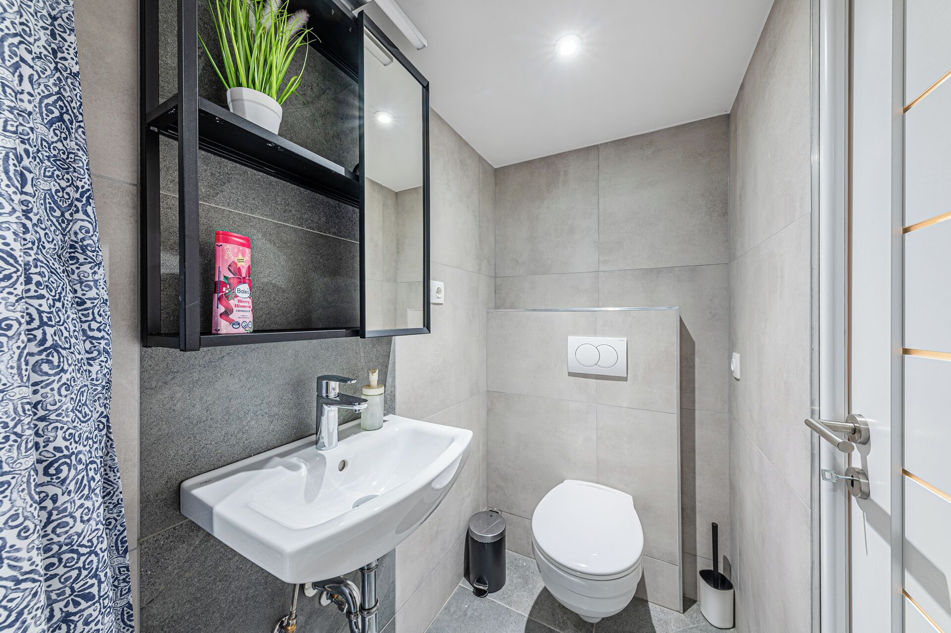 Une salle de bain moderne avec un lavabo blanc, des toilettes, une douche et un miroir agrémenté d’une plante en pot.