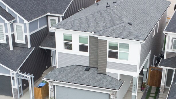 A modern two-story house with a garage, a small front yard with a tree, and a driveway. - Casa de Lex (Calgary)