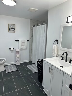 Hair dryer, towels, toilet paper