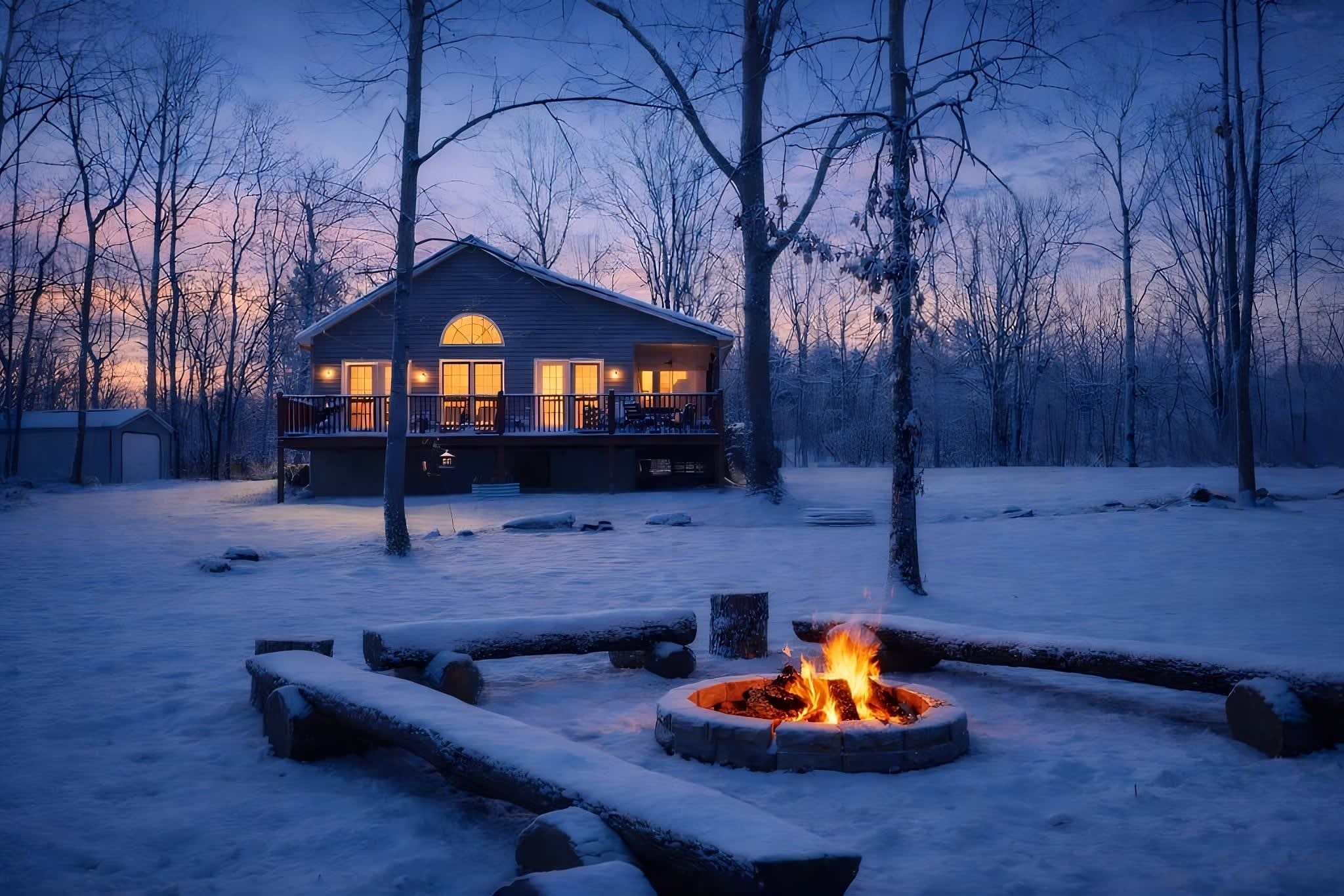 A cabin with a deck, surrounded by snow-covered ground and trees.