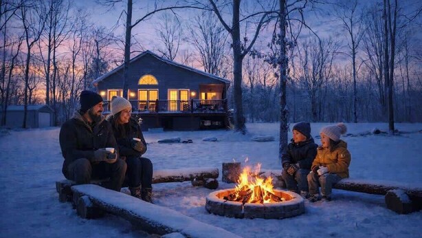 A group of people sitting around a fire pit in a snowy outdoor setting with a house in the background. - Creekside Mariposa Cottage · Hot Tub & Fire Pit (Berkeley Springs)