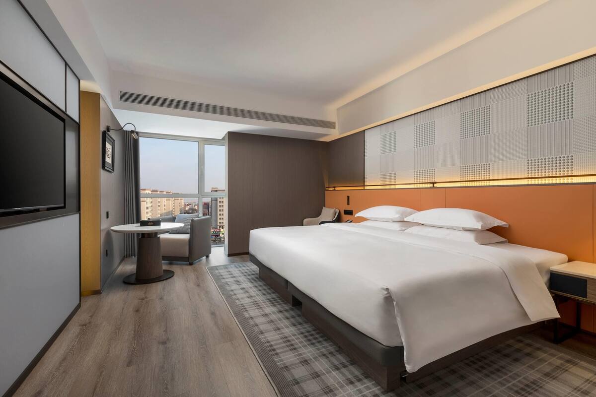 Habitación de hotel con una cama grande, un escritorio, una silla, un televisor y vistas a la ciudad.