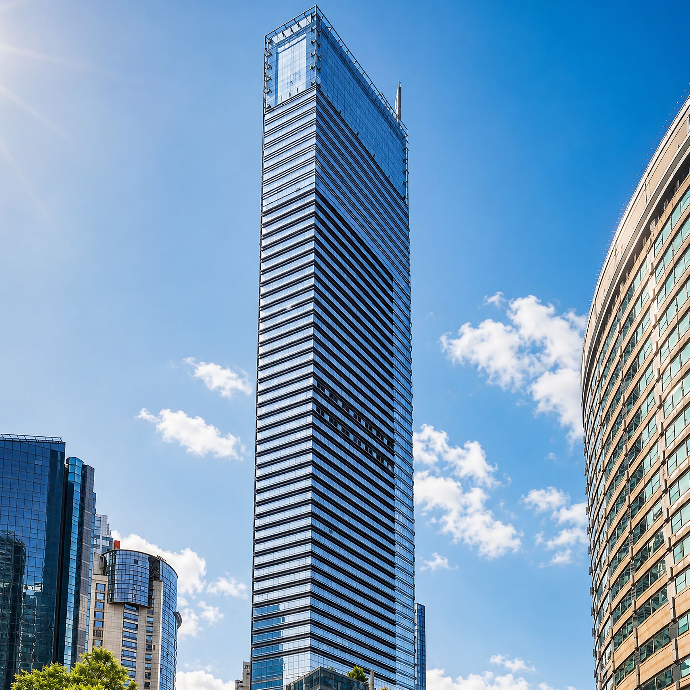 A tall, modern skyscraper with a reflective glass facade, surrounded by other high-rise buildings.