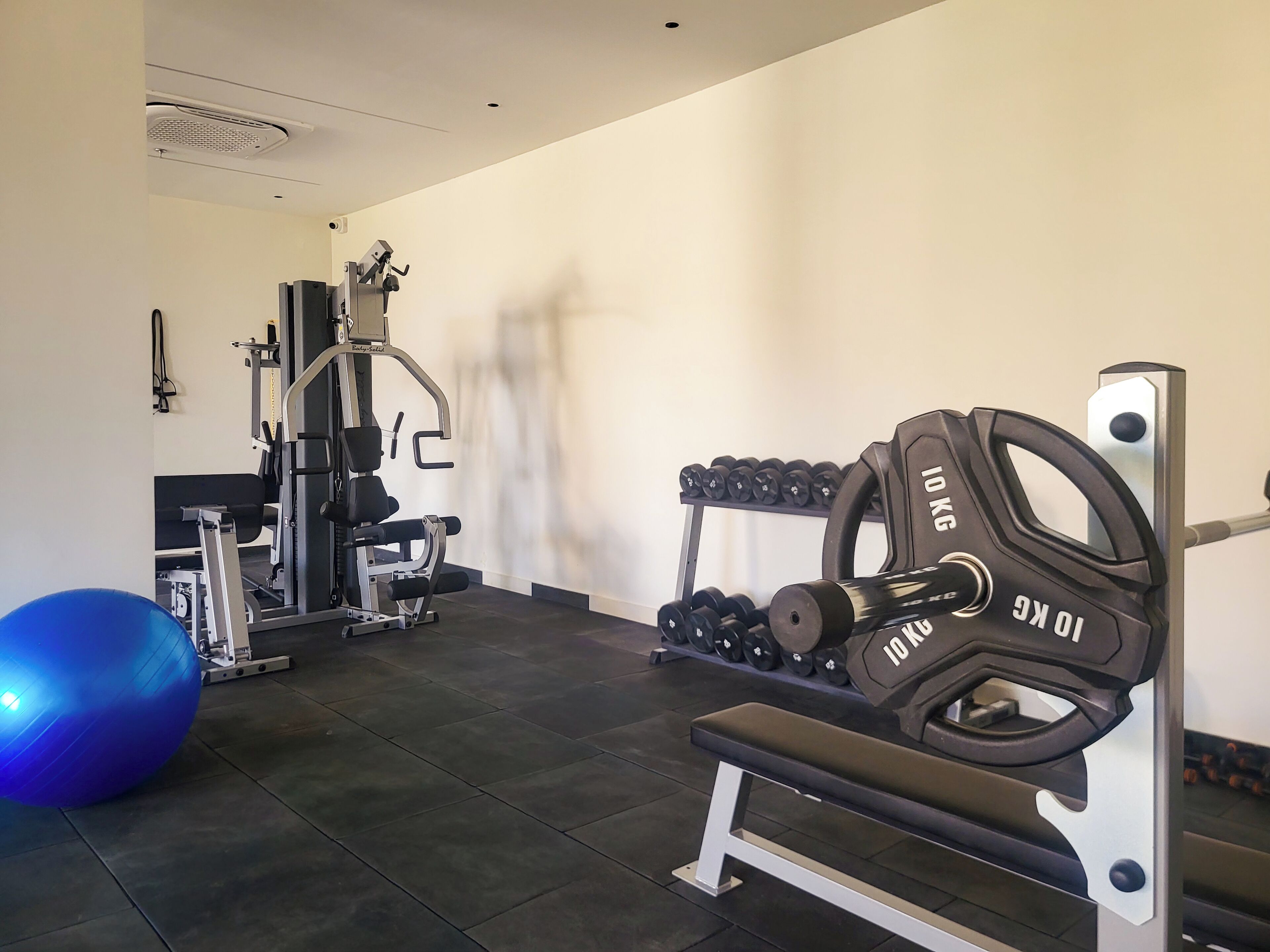 Ein Fitnessraum mit Gewichthebereien, einer Hantelbank und einem blauen Trainingsball.