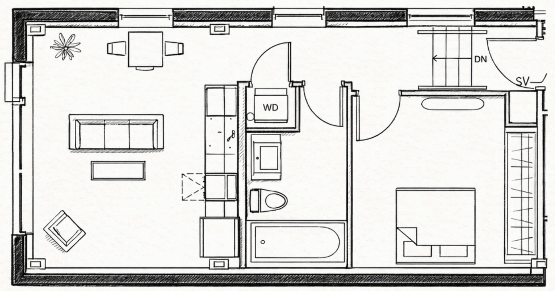 A floor plan of a hotel room with a WC, a bed, a desk, a chair, a small table, and a window.