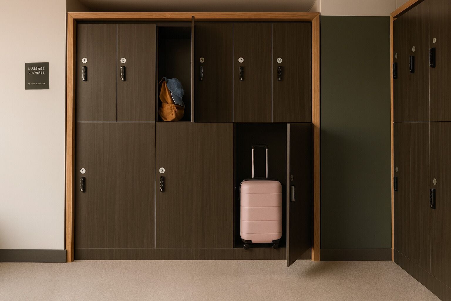 Habitación de hotel con un armario que contiene una maleta y una chaqueta.
