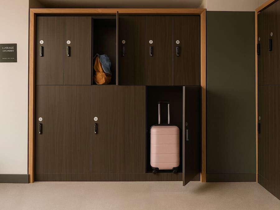 Habitación de hotel con un armario que contiene una maleta y una chaqueta.