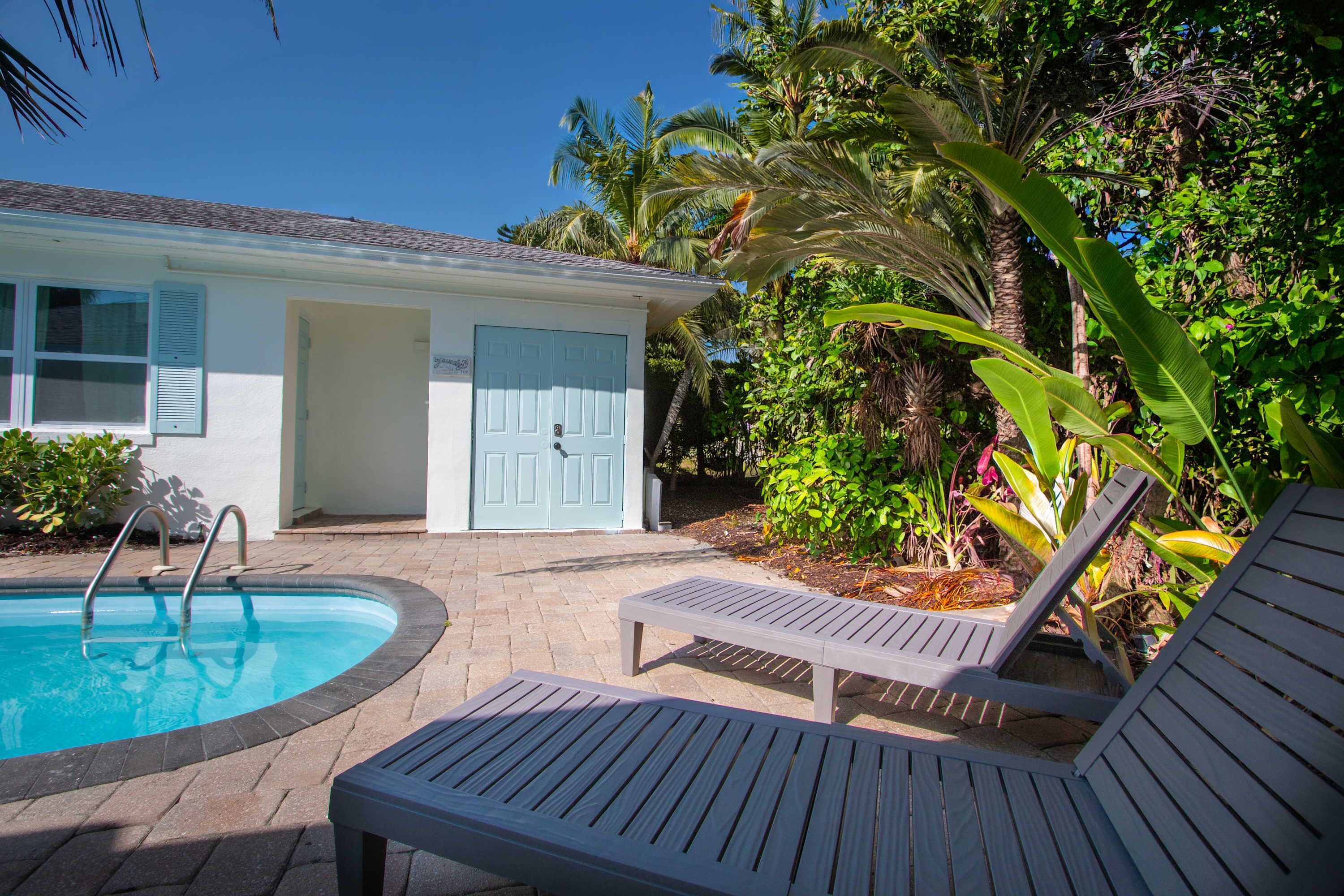 A swimming pool with lounge chairs, a door, and surrounding greenery.