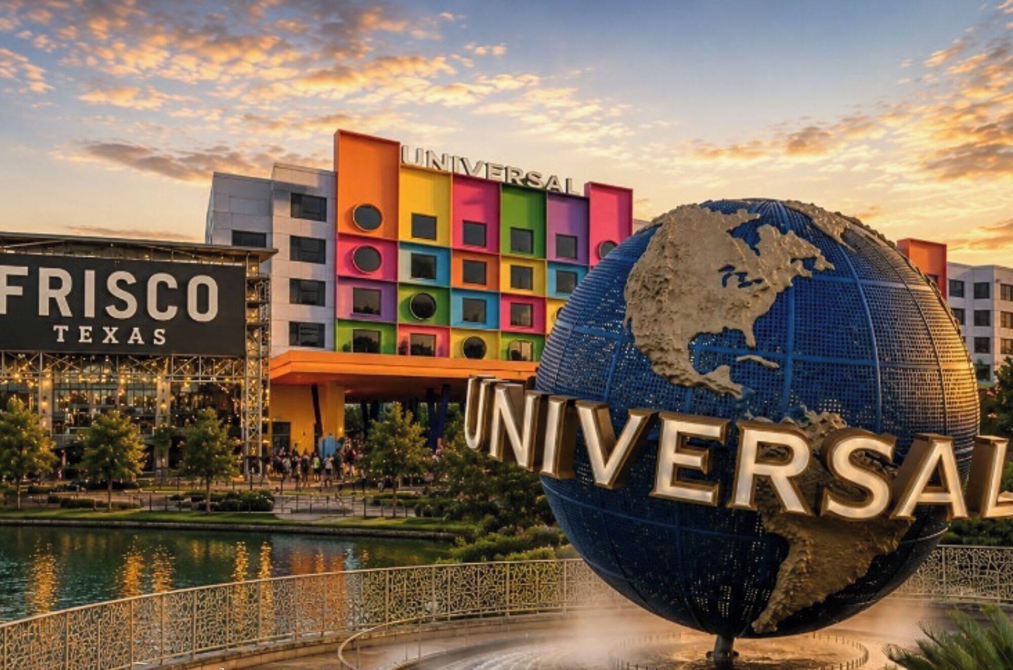 Ein großes Schild im Freien mit 'UNIVERSAL' und einem Globus, vor einem farbenfrohen Gebäude mit der Beschilderung 'FRISCO TEXAS'.