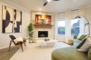 TV, fireplace, offices - Luxe House Stay w Glamping, Pool, Golf Sim, Cinema (Royse City)