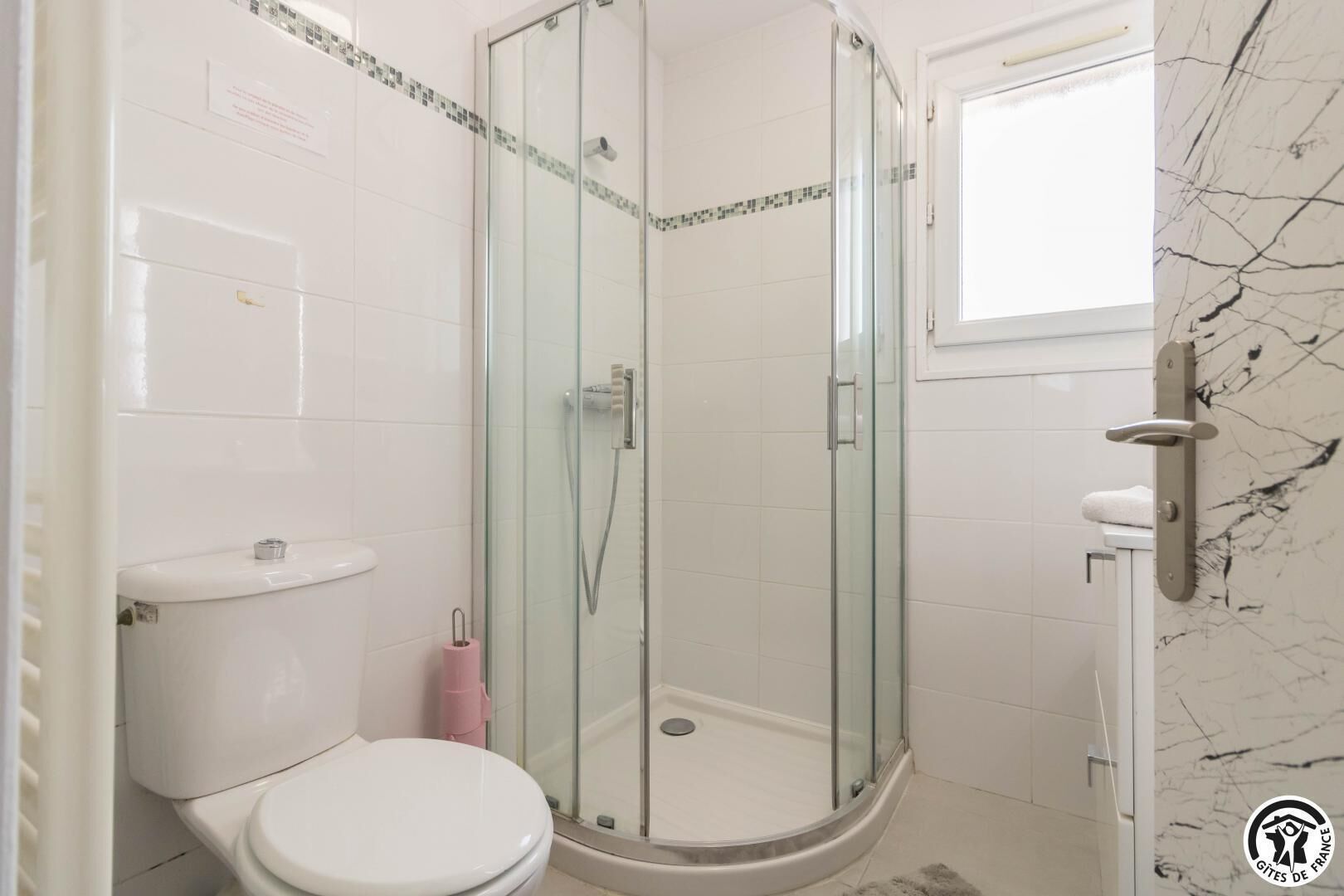 Un baño con ducha de vidrio, inodoro y pared de mármol.