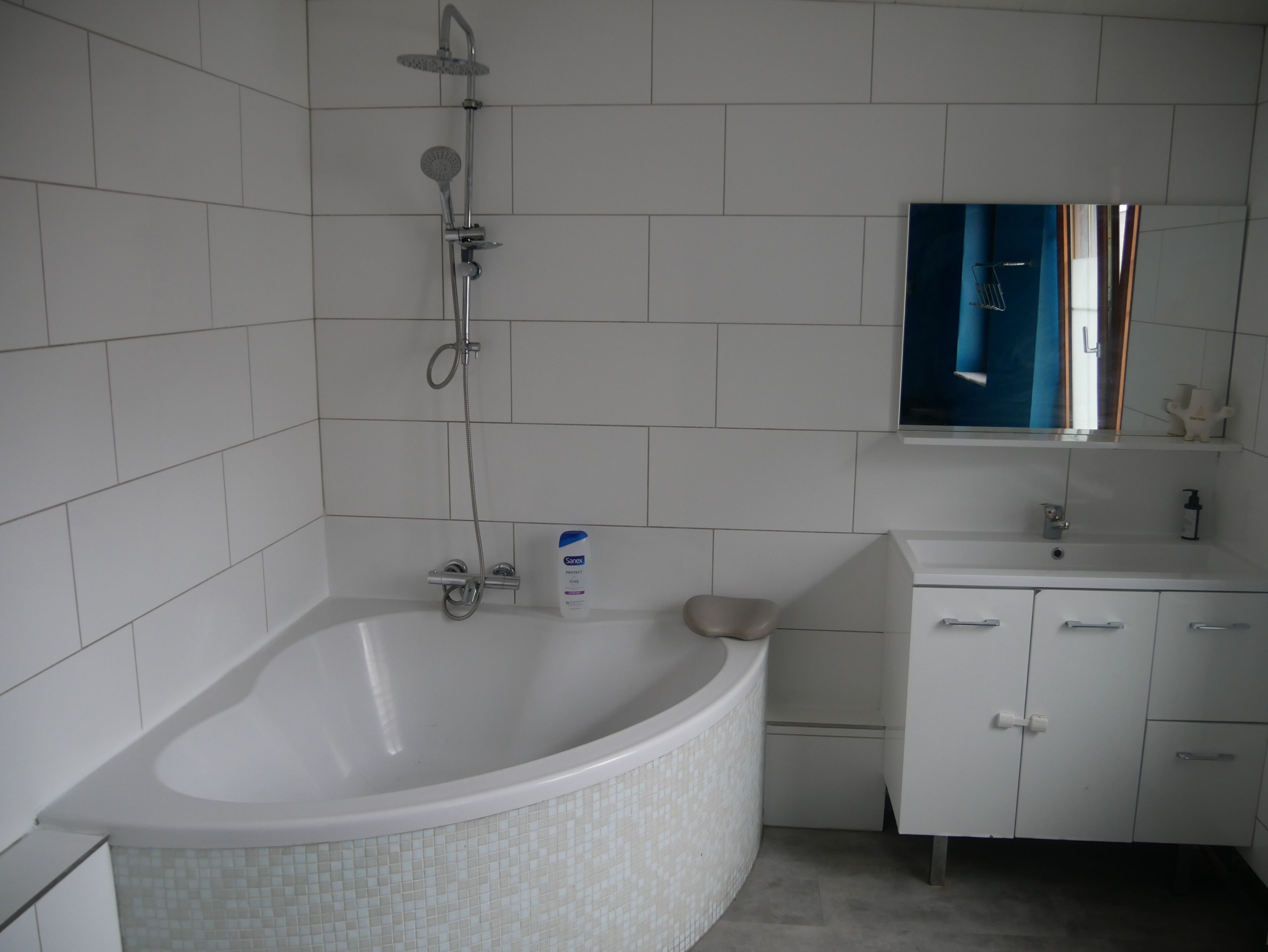 Een douche, een haardroger, zeep, toiletpapier