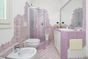 Shower, hair dryer, bidet, towels