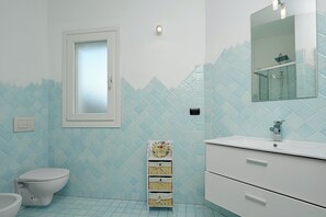 Shower, hair dryer, bidet, towels